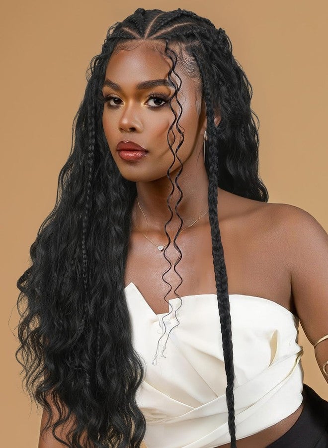 Fancy Hair 13×6 Lace Front Braided Wigs for Black Women 26 Inch Handmade Cornrow Curly Hair Fulani Wig with Face Framing Boho Hair Pre Plucked Glueless Lace Frontal Boho Braids Wig with Baby Hair - Image 1